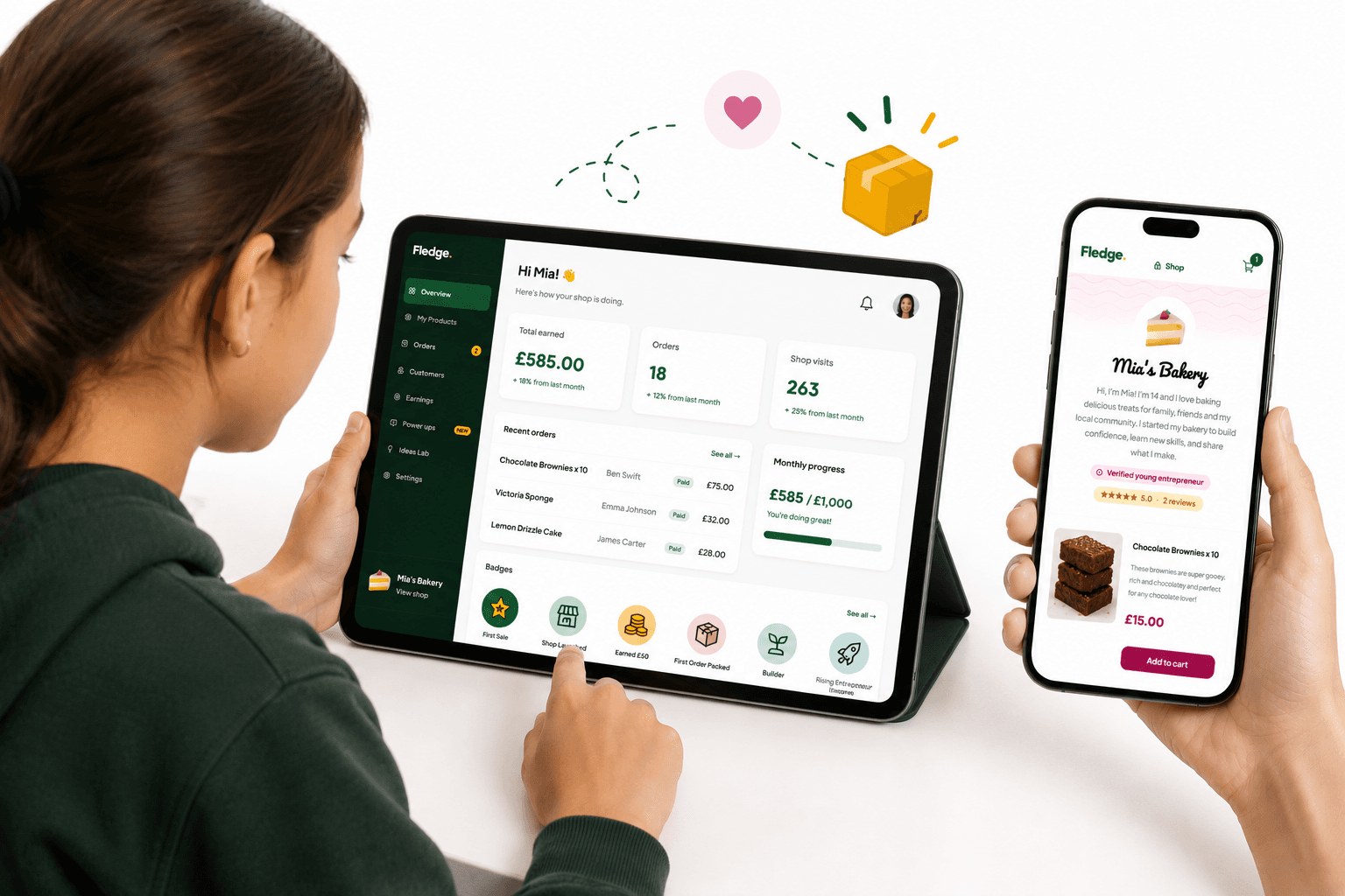 Fledge dashboard on a tablet and storefront on a phone